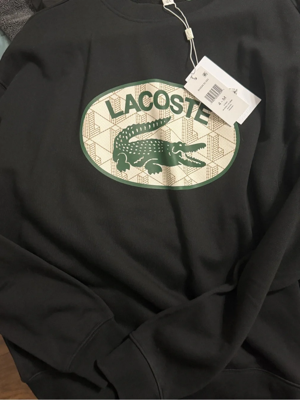 Lacoste Black Crewneck with Green & Cream Logo Patch